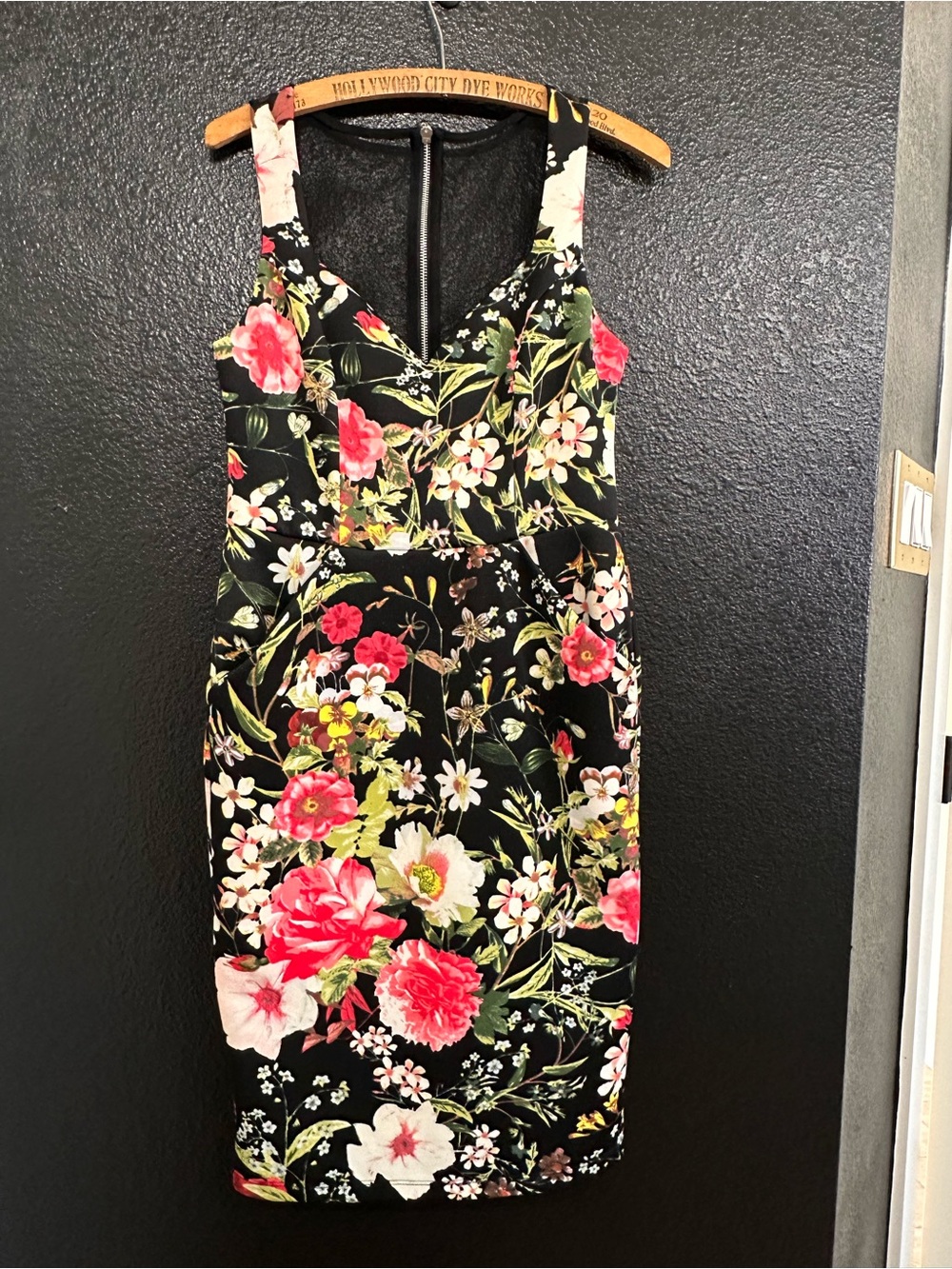 Bisou Bisou Black Floral Sheath Dress with Pink, White & Green Accents